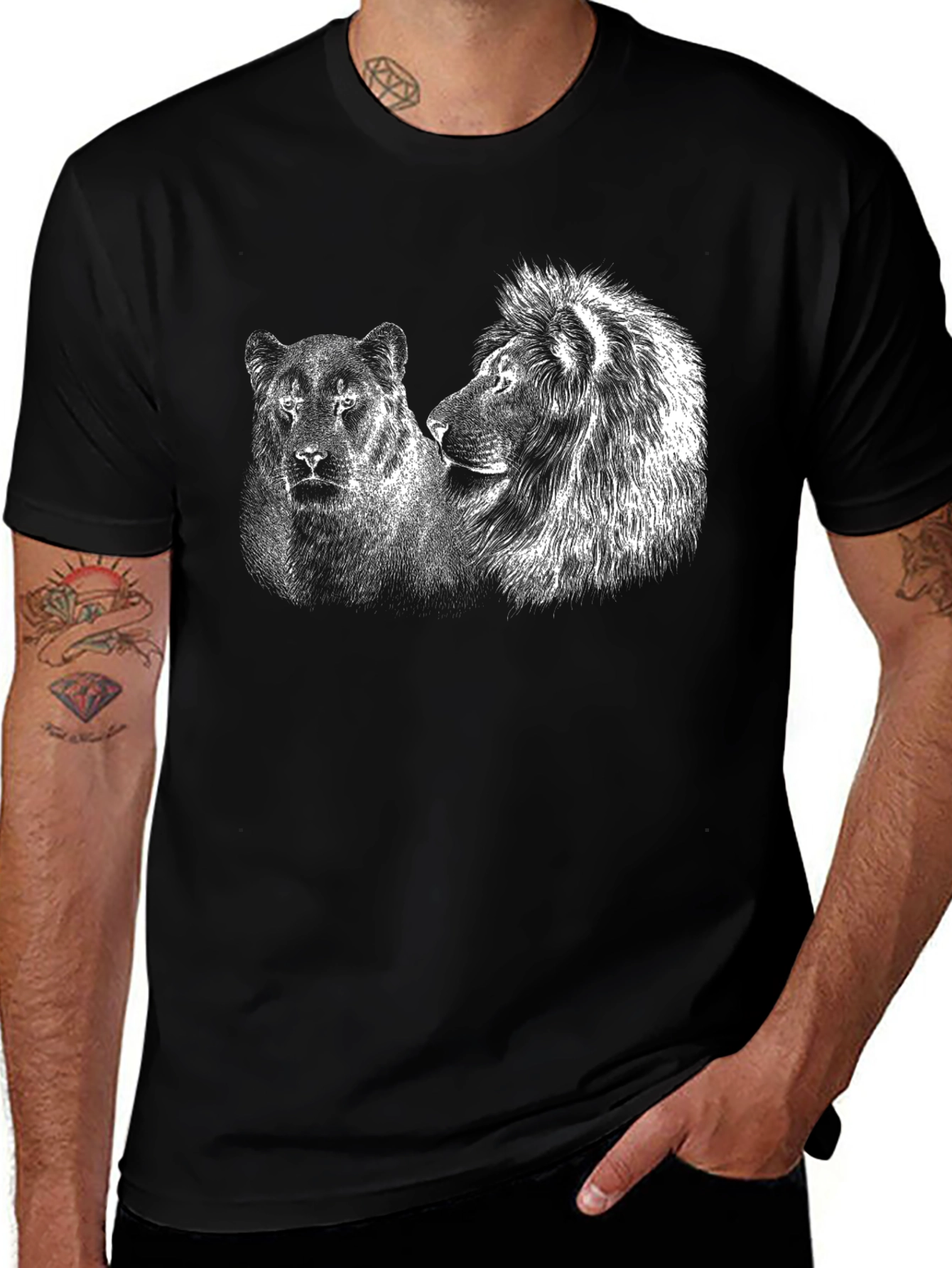 Lion and Lioness Graphic Tee - Black Cotton T-Shirt