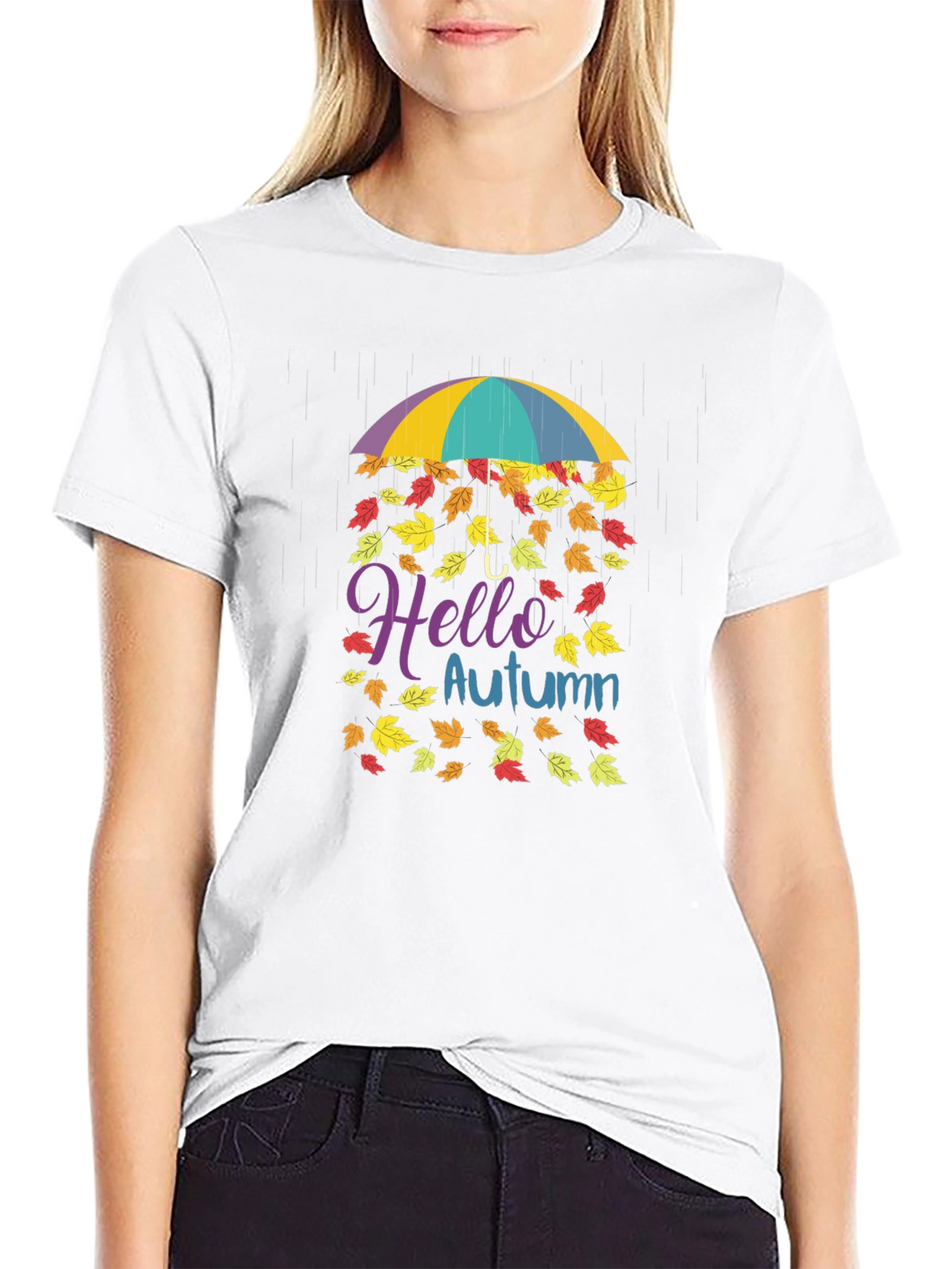 Hello Autumn Fall Leaves Umbrella T-Shirt