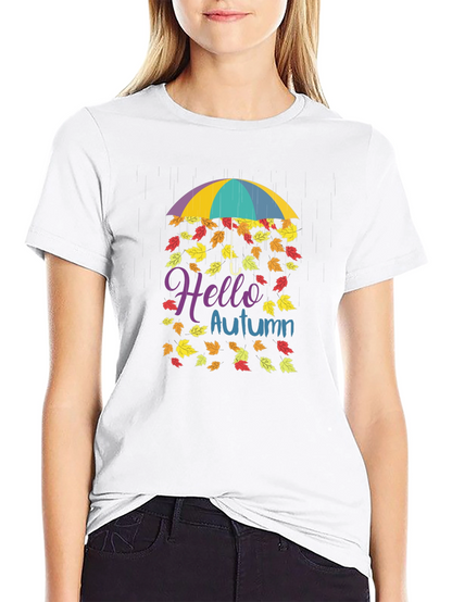 Hello Autumn Fall Leaves Umbrella T-Shirt