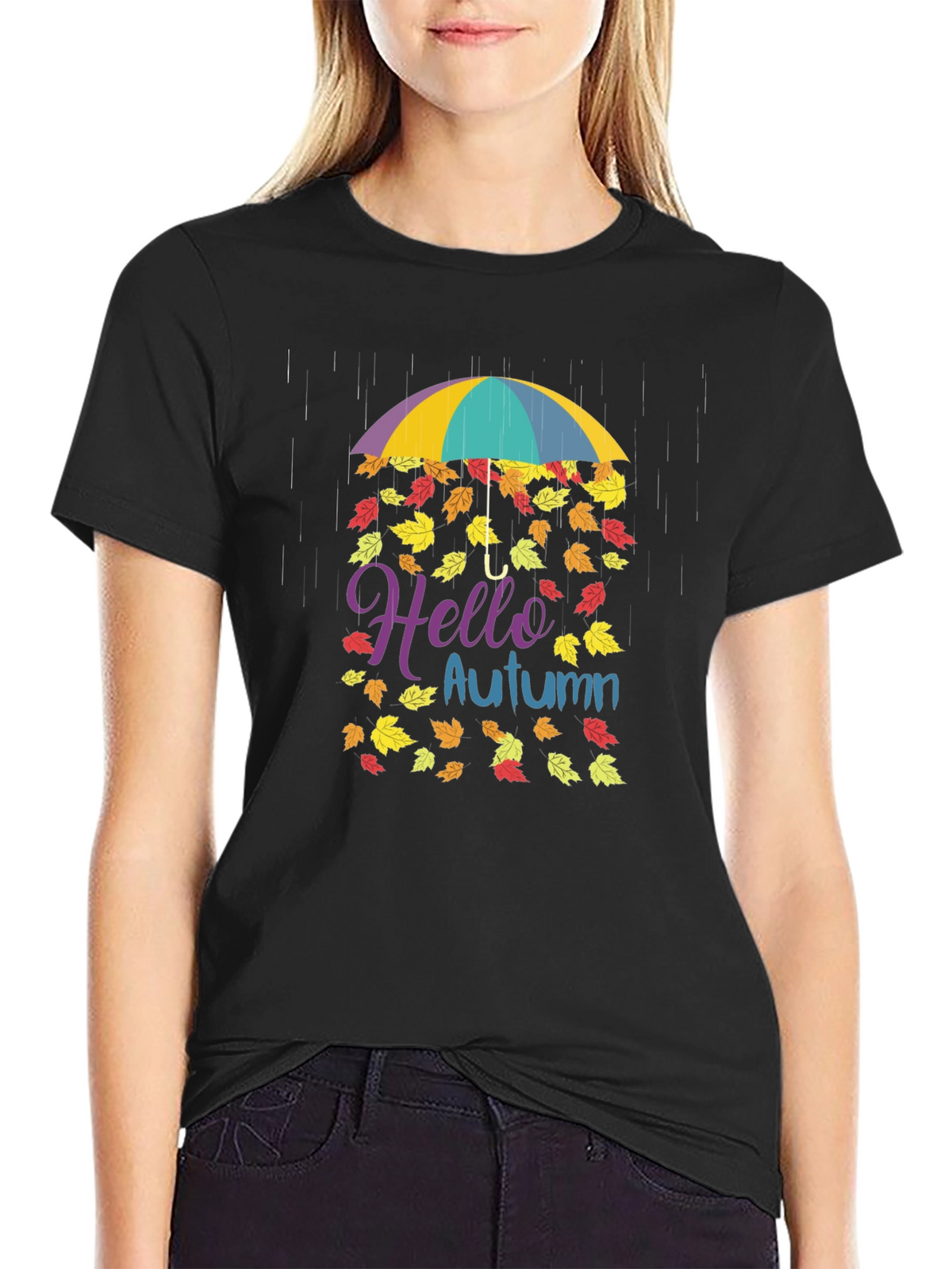 Hello Autumn Fall Leaves Umbrella T-Shirt
