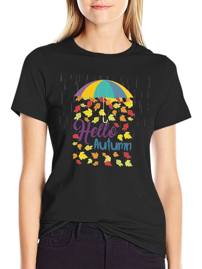 Hello Autumn Fall Leaves Umbrella T-Shirt