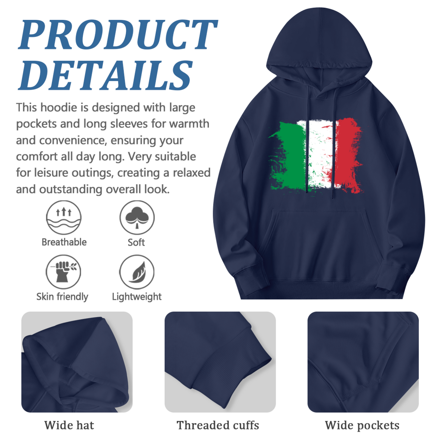 Vintage Italy Flag Unisex Hoodie, Breathable Comfort