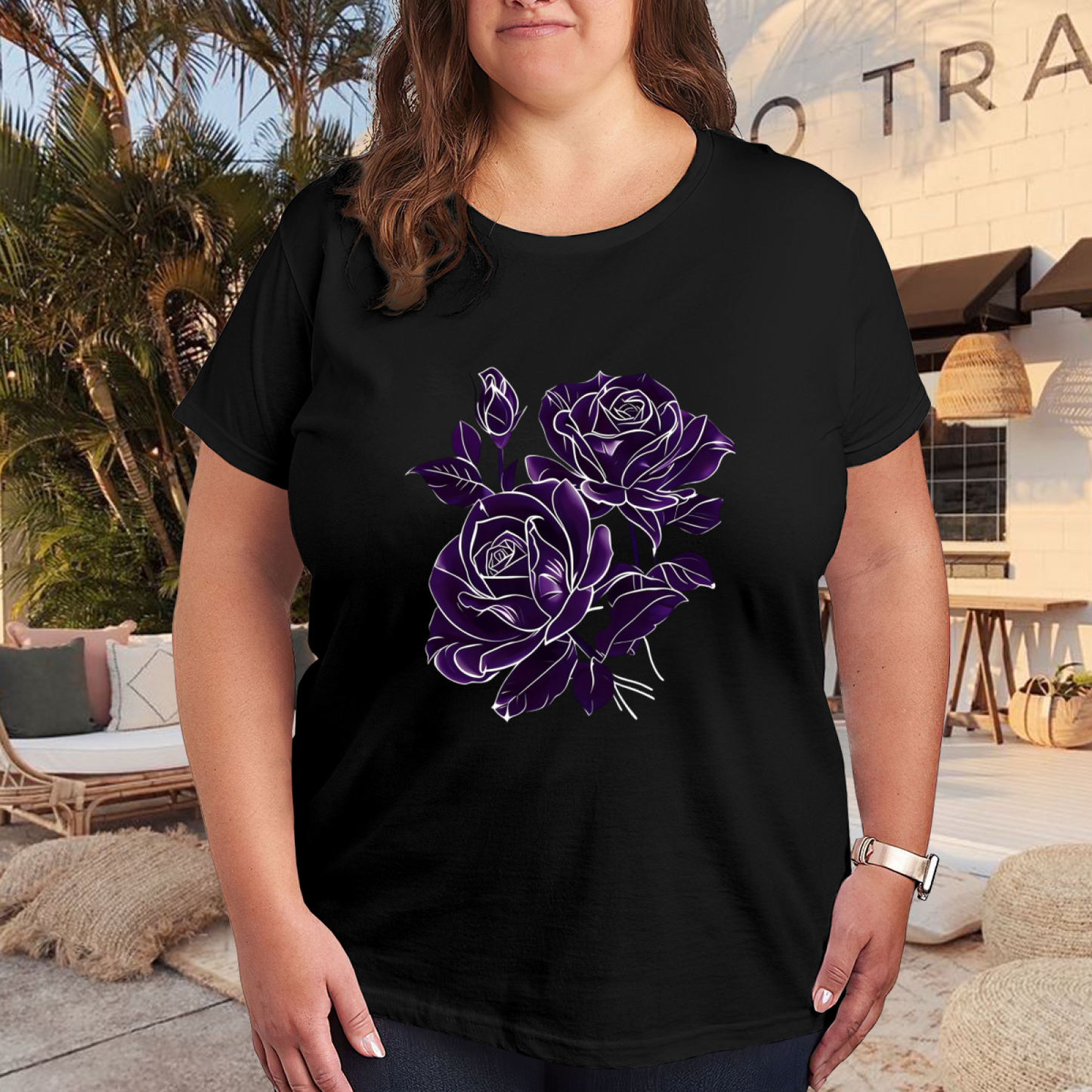 Neon Purple Outline Rose Glow Art Print Plus Size Women¡¯s Short Sleeve T-Shirt