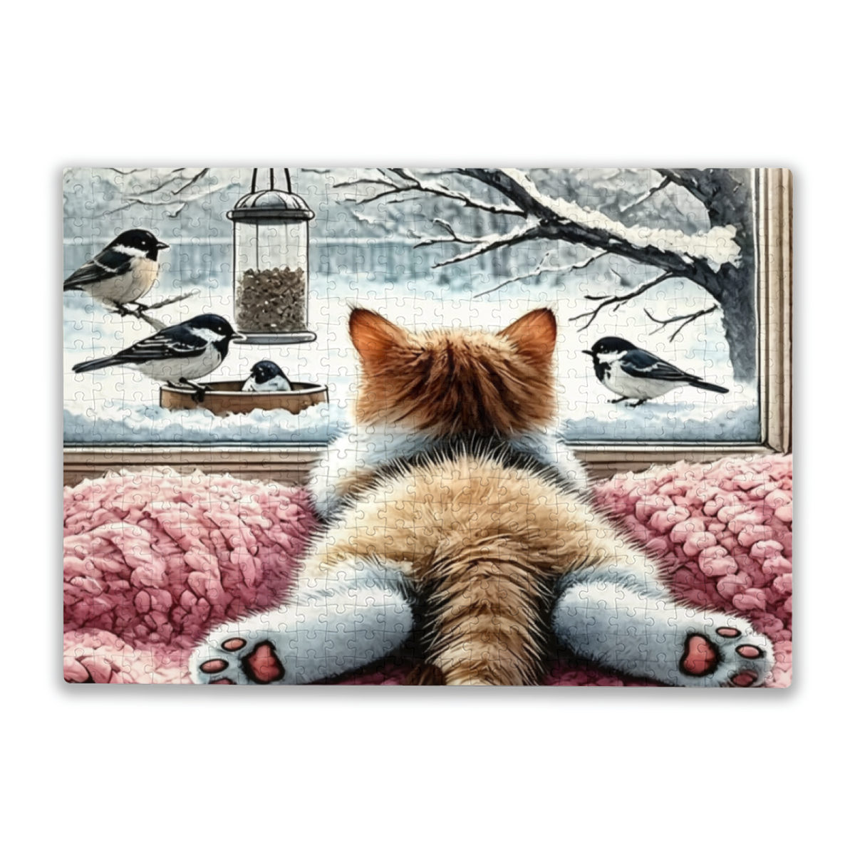 Fluffy Ginger Cat Watching Winter Chickadees Through Window Puzzle | 300/500/1000 Pieces