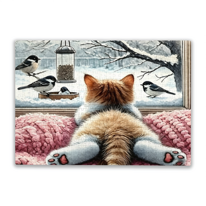 Fluffy Ginger Cat Watching Winter Chickadees Through Window Puzzle | 300/500/1000 Pieces