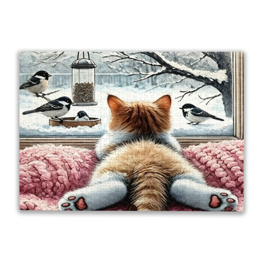 Fluffy Ginger Cat Watching Winter Chickadees Through Window Puzzle | 300/500/1000 Pieces