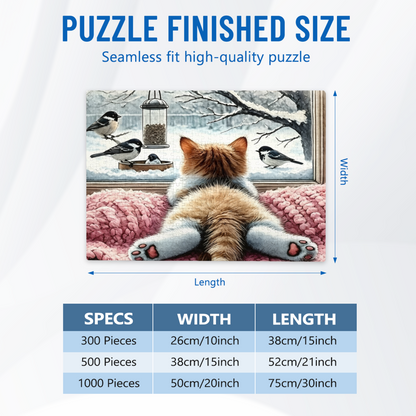 Fluffy Ginger Cat Watching Winter Chickadees Through Window Puzzle | 300/500/1000 Pieces