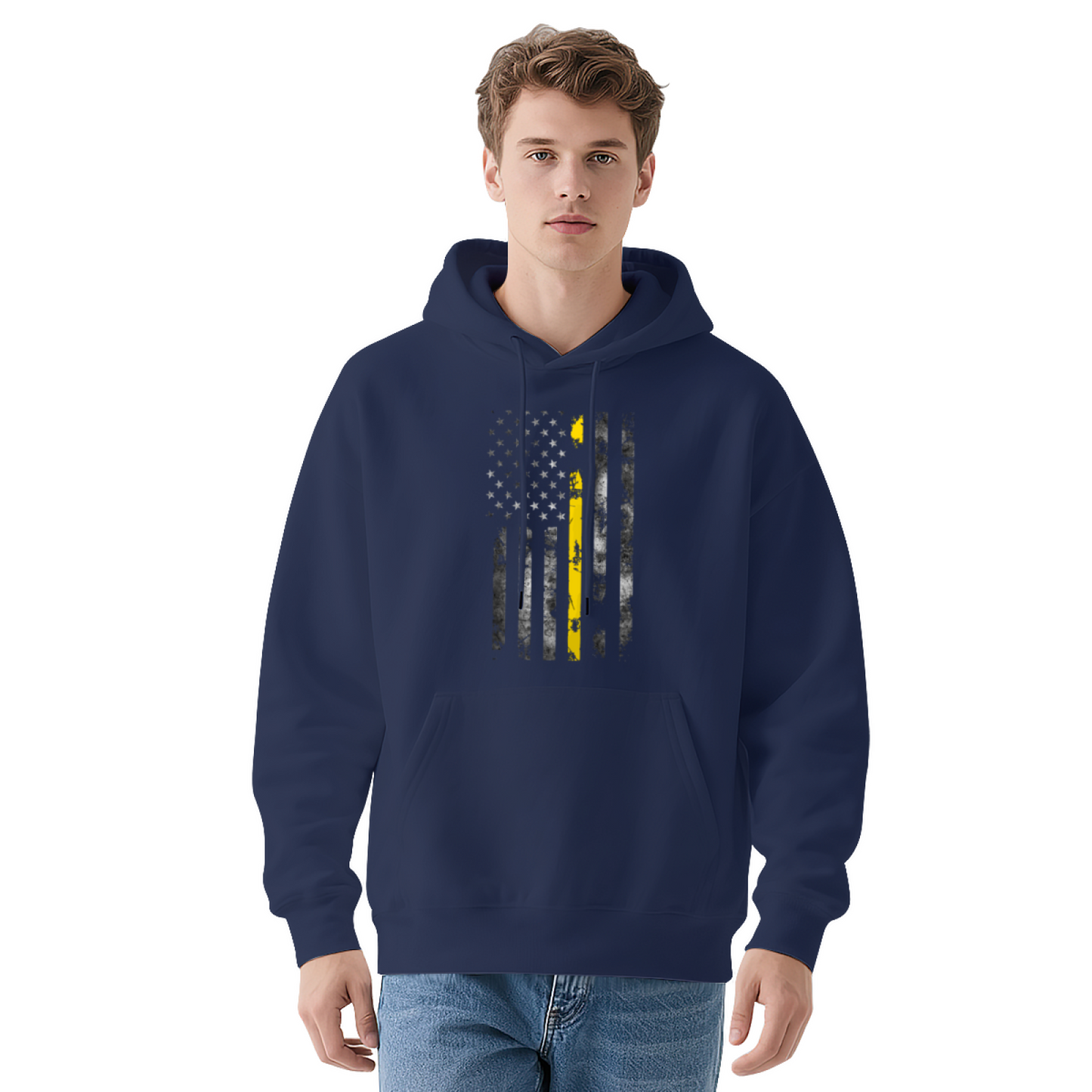 Thin Yellow Line Vintage USA Flag White Hoodie, Casual Cozy Unisex Top