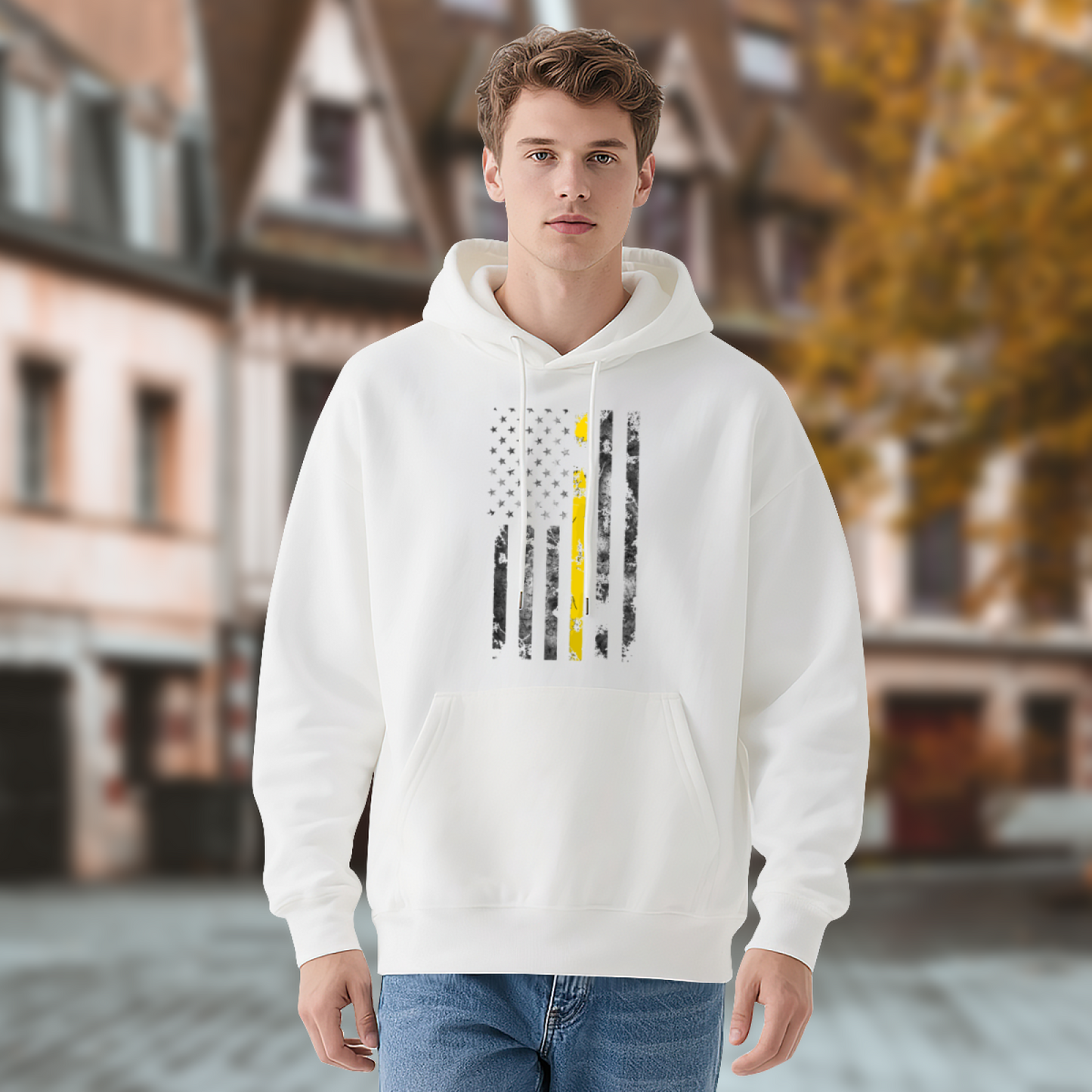 Thin Yellow Line Vintage USA Flag White Hoodie, Casual Cozy Unisex Top