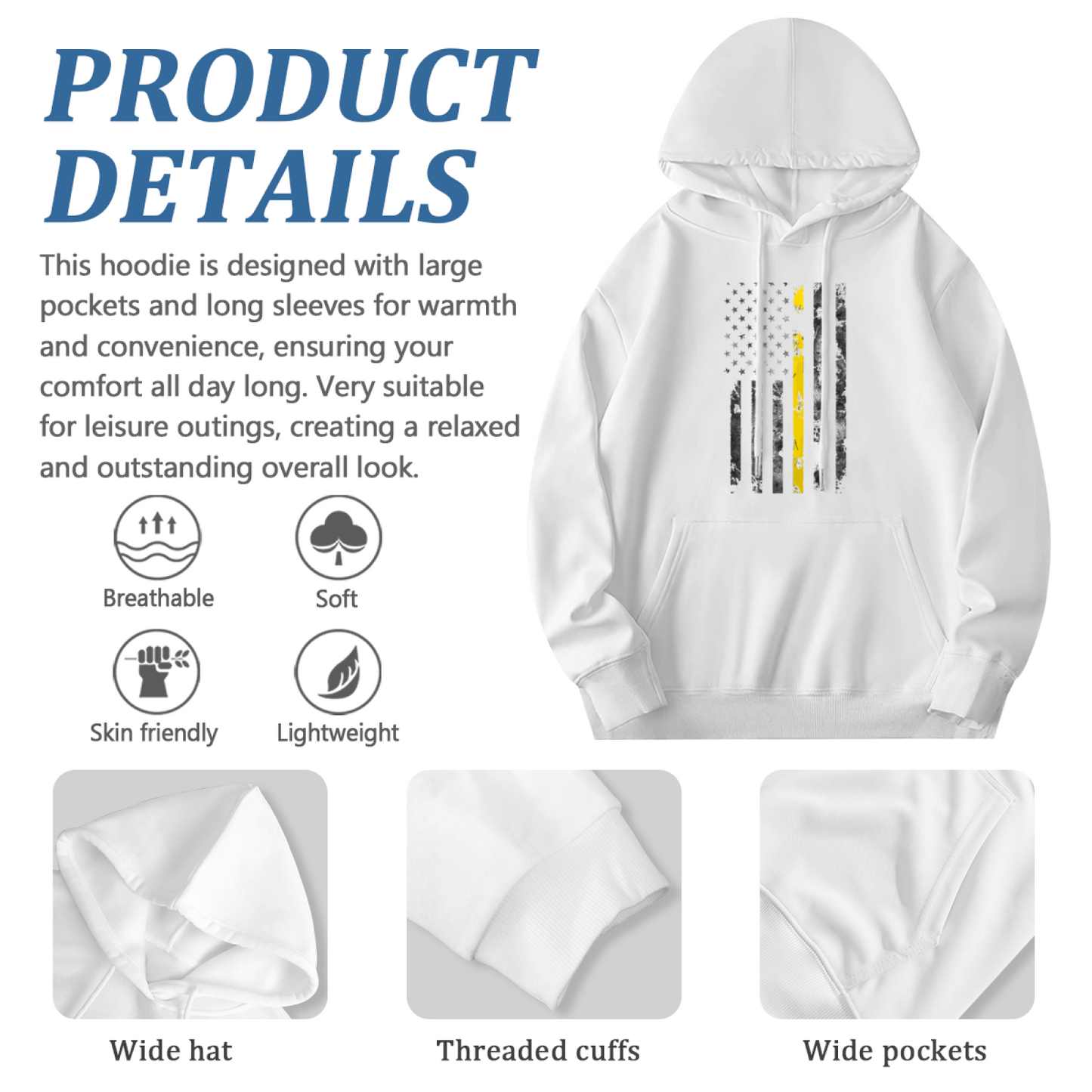Thin Yellow Line Vintage USA Flag White Hoodie, Casual Cozy Unisex Top