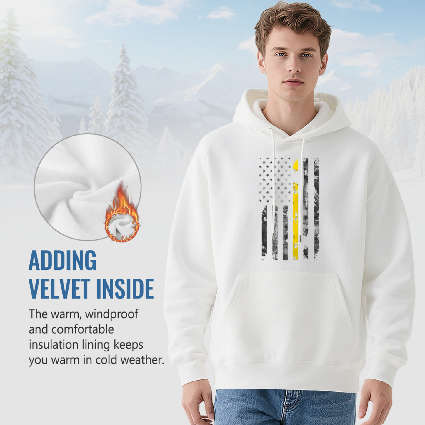 Thin Yellow Line Vintage USA Flag White Hoodie, Casual Cozy Unisex Top