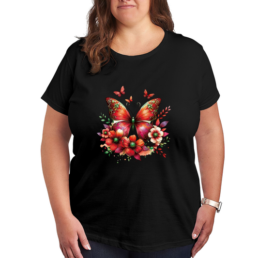 Vibrant Red Floral Butterfly Art Boho Plus Size Women Printed T-Shirt