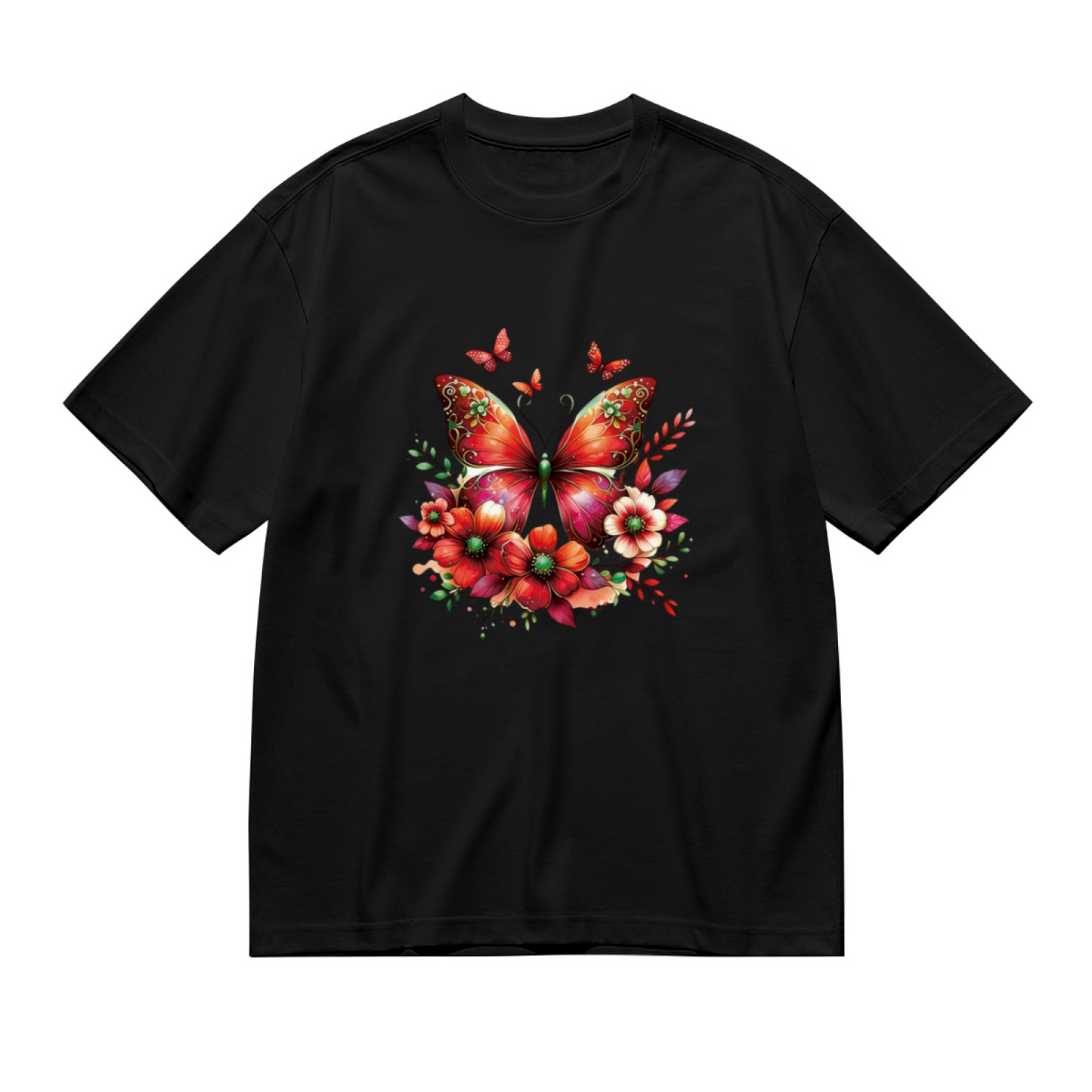 Vibrant Red Floral Butterfly Art Boho Plus Size Women Printed T-Shirt