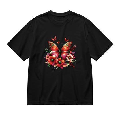 Vibrant Red Floral Butterfly Art Boho Plus Size Women Printed T-Shirt