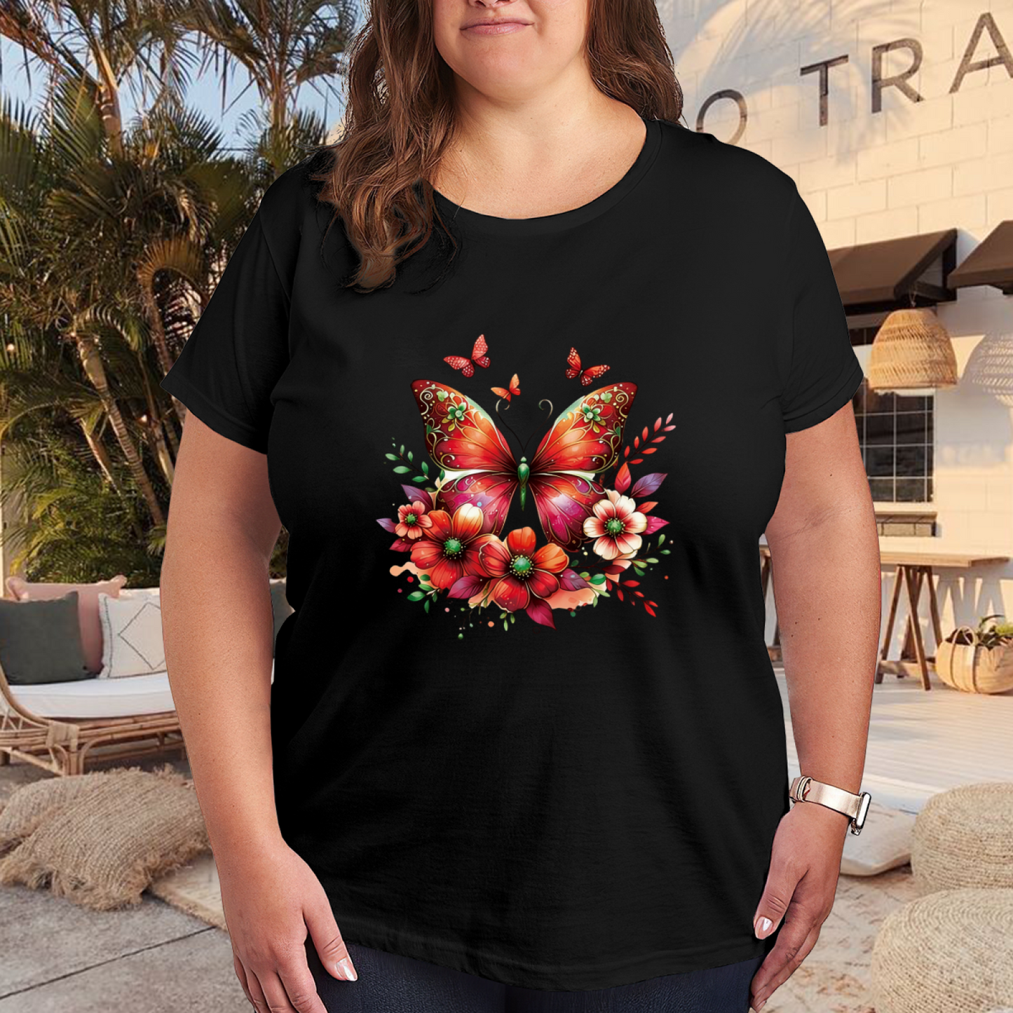 Vibrant Red Floral Butterfly Art Boho Plus Size Women Printed T-Shirt