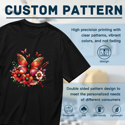 Vibrant Red Floral Butterfly Art Boho Plus Size Women Printed T-Shirt