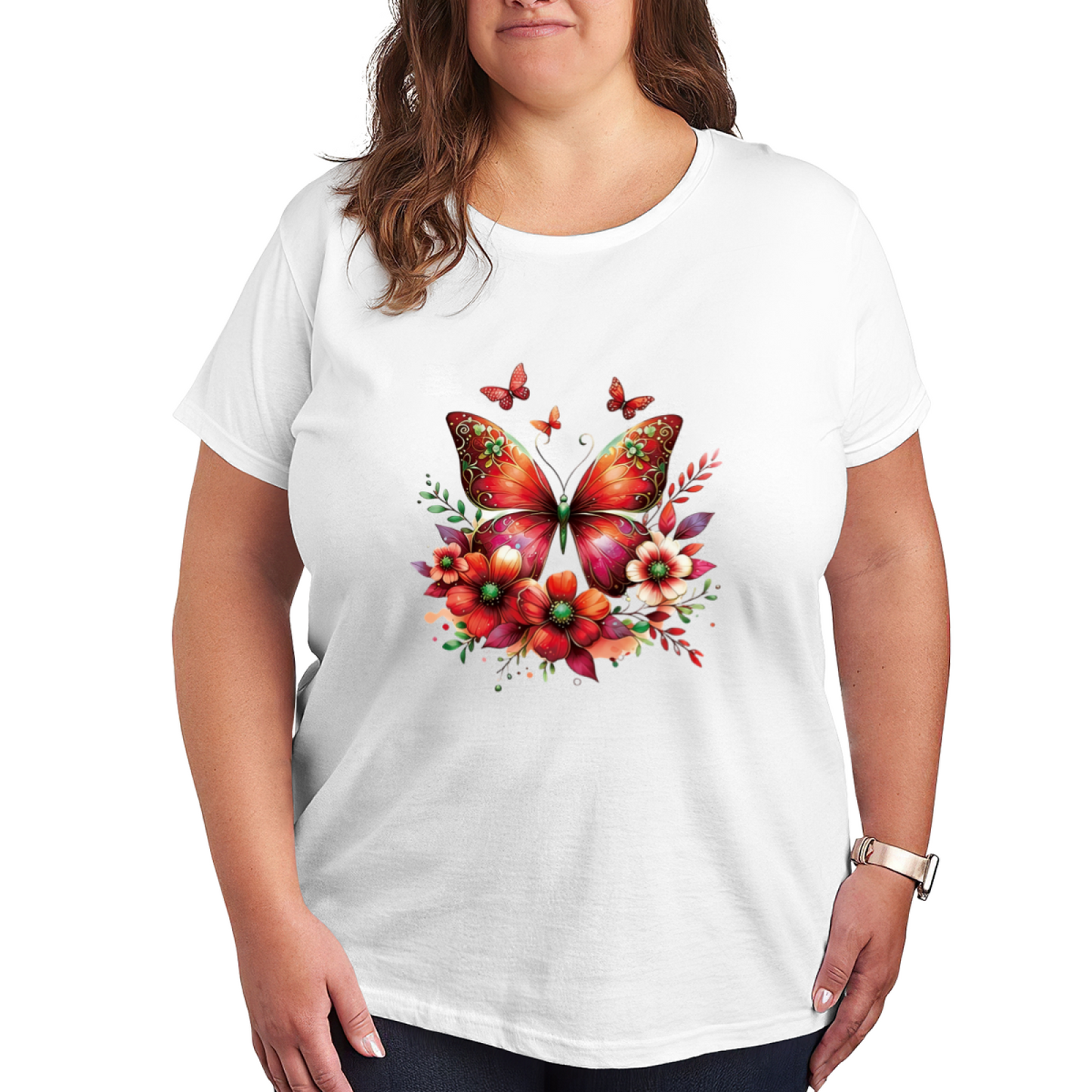 Vibrant Red Floral Butterfly Art Boho Plus Size Women Printed T-Shirt