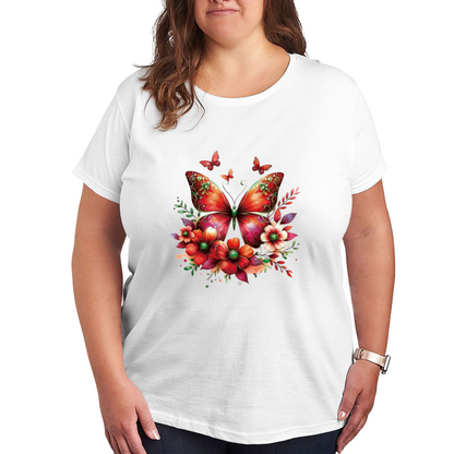 Vibrant Red Floral Butterfly Art Boho Plus Size Women Printed T-Shirt