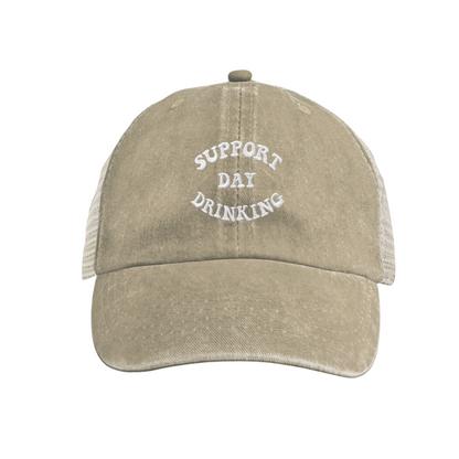 Support Day Drinking Funny Slogan Royal Blue Distressed Mesh Trucker Hat, Party Casual Summer Cap