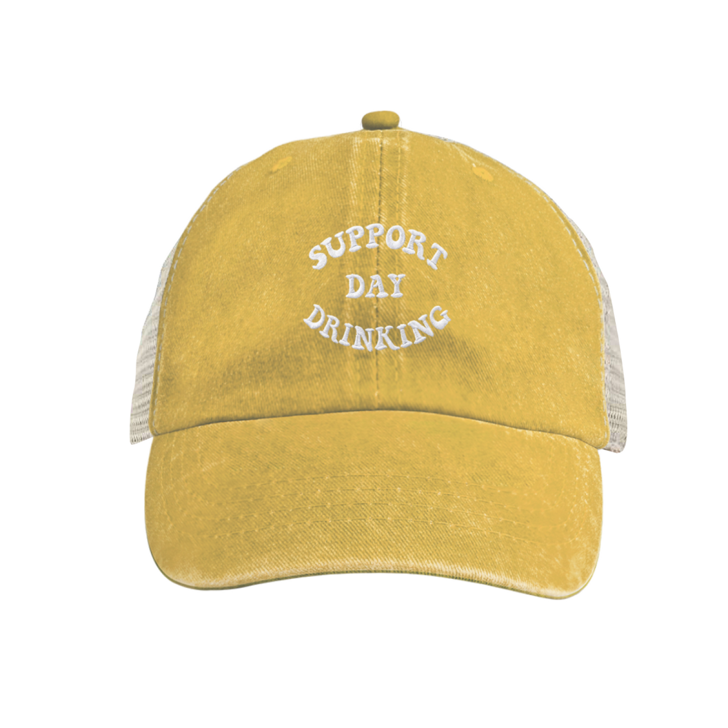 Support Day Drinking Funny Slogan Royal Blue Distressed Mesh Trucker Hat, Party Casual Summer Cap