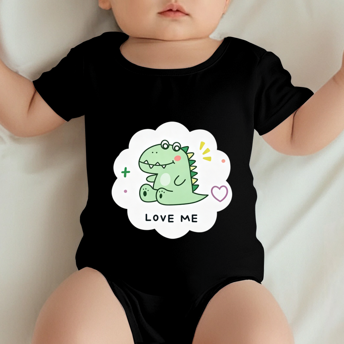Lovely Green Dinosaur LOVE ME Cartoon Black Baby Bodysuit