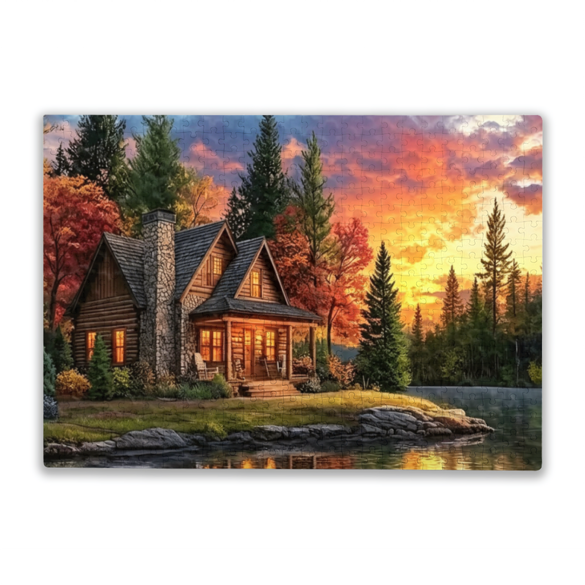 Cozy Log Cabin by Lake ¨C Golden Autumn Sunset Scenery Puzzle