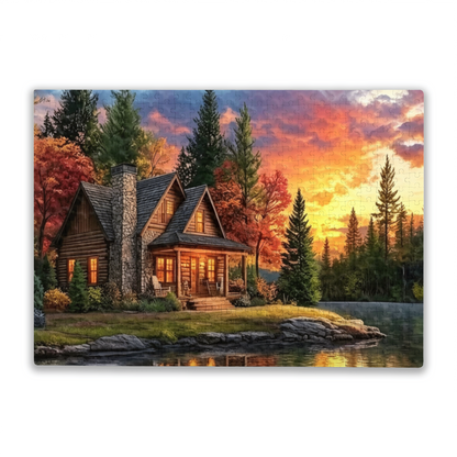 Cozy Log Cabin by Lake ¨C Golden Autumn Sunset Scenery Puzzle