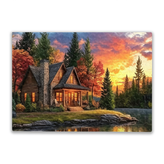 Cozy Log Cabin by Lake ¨C Golden Autumn Sunset Scenery Puzzle