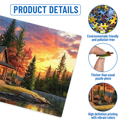 Cozy Log Cabin by Lake ¨C Golden Autumn Sunset Scenery Puzzle