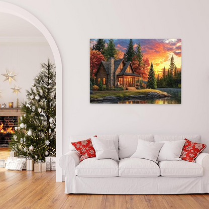 Cozy Log Cabin by Lake ¨C Golden Autumn Sunset Scenery Puzzle