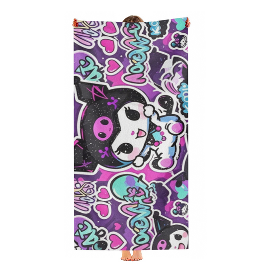 Cute Graffiti Kuromi Cartoon Print Beach Towel, Plush Skin?Friendly Soft & Fast Water Absorbent, Diverse Sizes In Stock, Comfortable Kawaii Towel for Teen Girls Summer