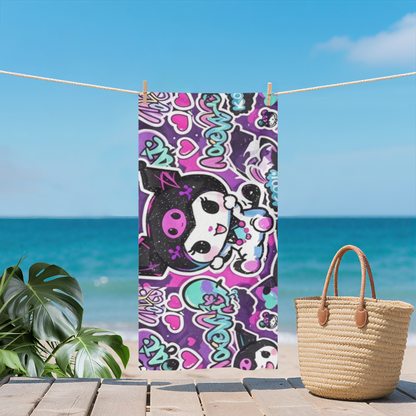 Cute Graffiti Kuromi Cartoon Print Beach Towel, Plush Skin?Friendly Soft & Fast Water Absorbent, Diverse Sizes In Stock, Comfortable Kawaii Towel for Teen Girls Summer