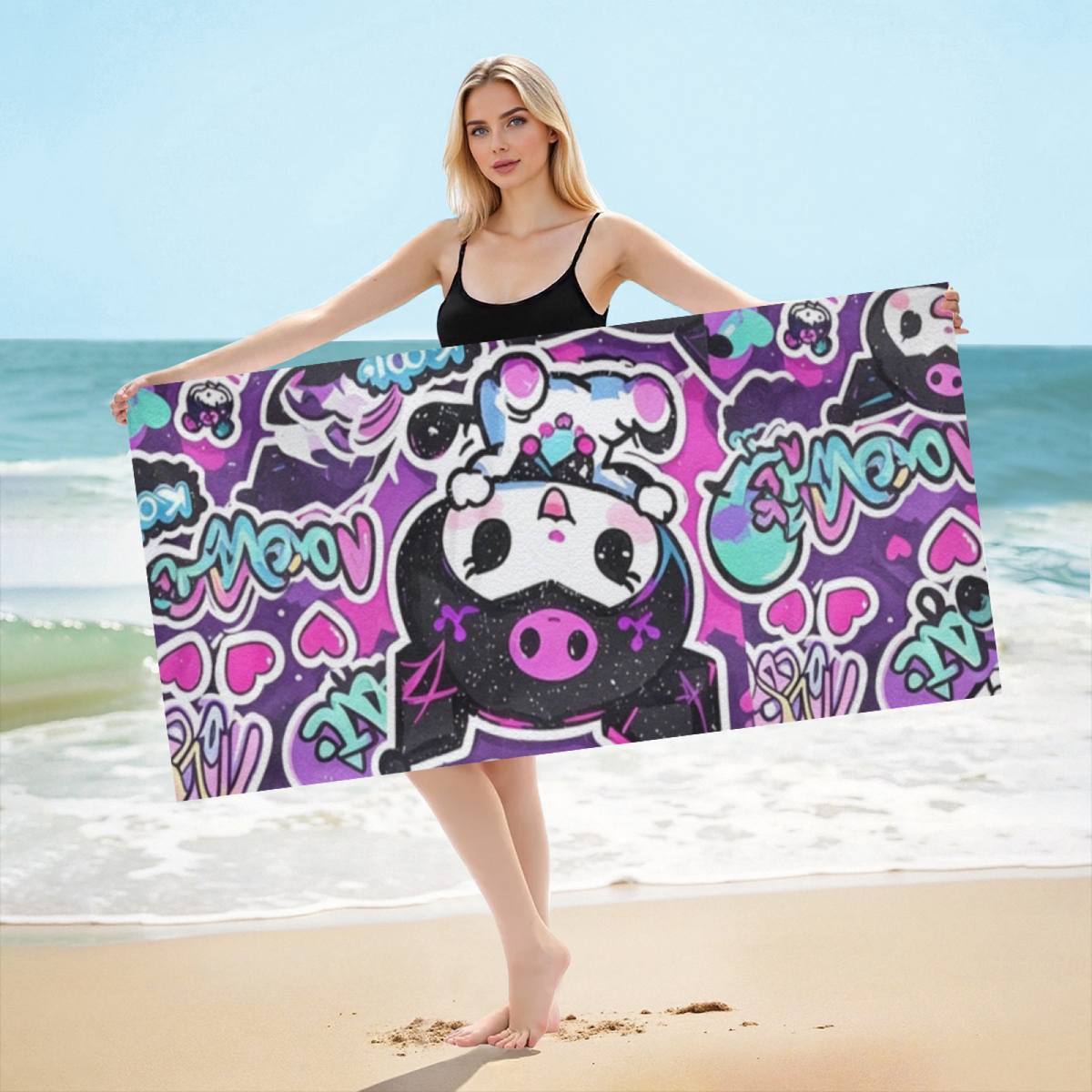 Cute Graffiti Kuromi Cartoon Print Beach Towel, Plush Skin?Friendly Soft & Fast Water Absorbent, Diverse Sizes In Stock, Comfortable Kawaii Towel for Teen Girls Summer