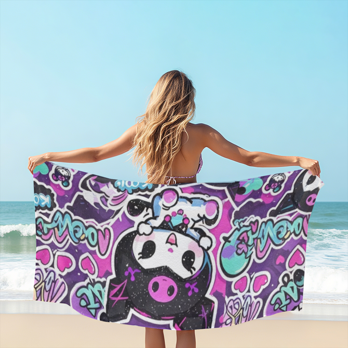Cute Graffiti Kuromi Cartoon Print Beach Towel, Plush Skin?Friendly Soft & Fast Water Absorbent, Diverse Sizes In Stock, Comfortable Kawaii Towel for Teen Girls Summer