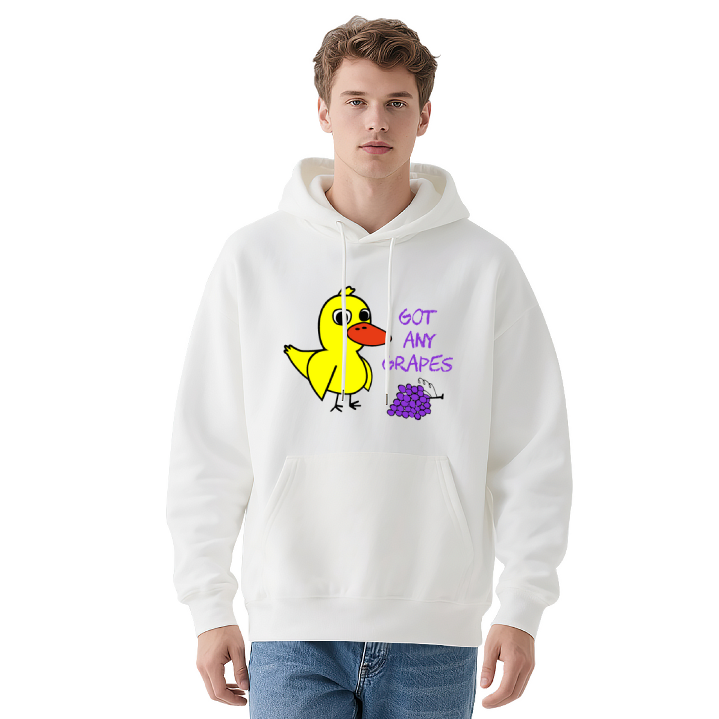 Funny Got Any Grapes Cartoon Duck White Hoodie, Comfortable Streetwear For Men Women