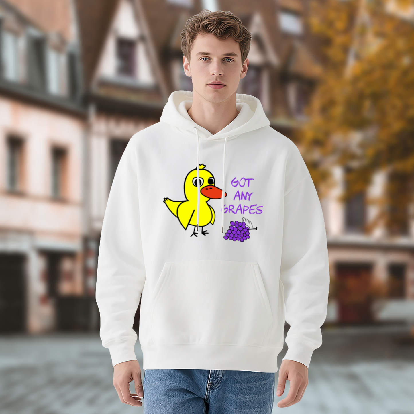 Funny Got Any Grapes Cartoon Duck White Hoodie, Comfortable Streetwear For Men Women