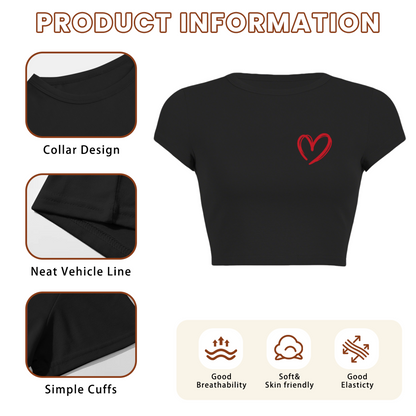 Tiny Hand-Drawn Red Heart Black Crop Top ¨C Cute Coquette Daily Top