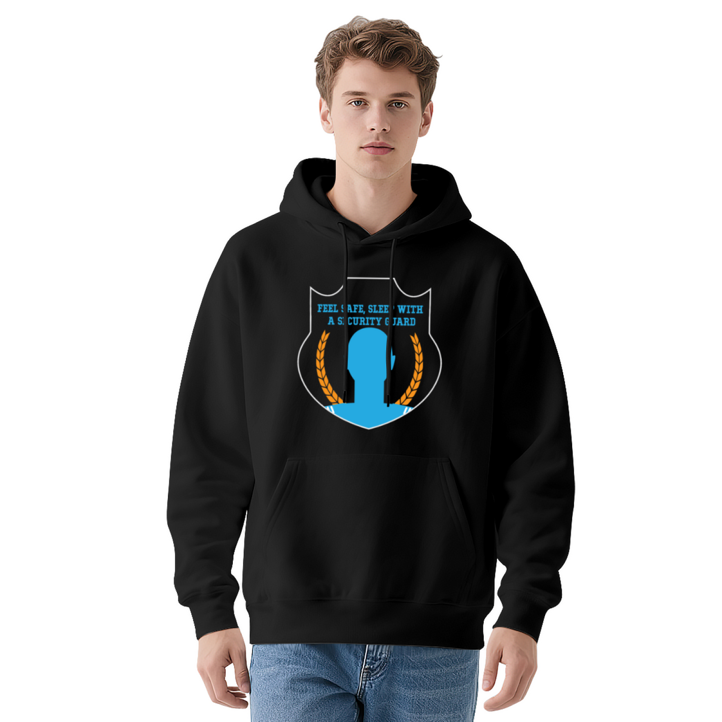 Security Guard Shield Graphic Black Hoodie, Unisex Comfy Outdoor Daily Hoodie