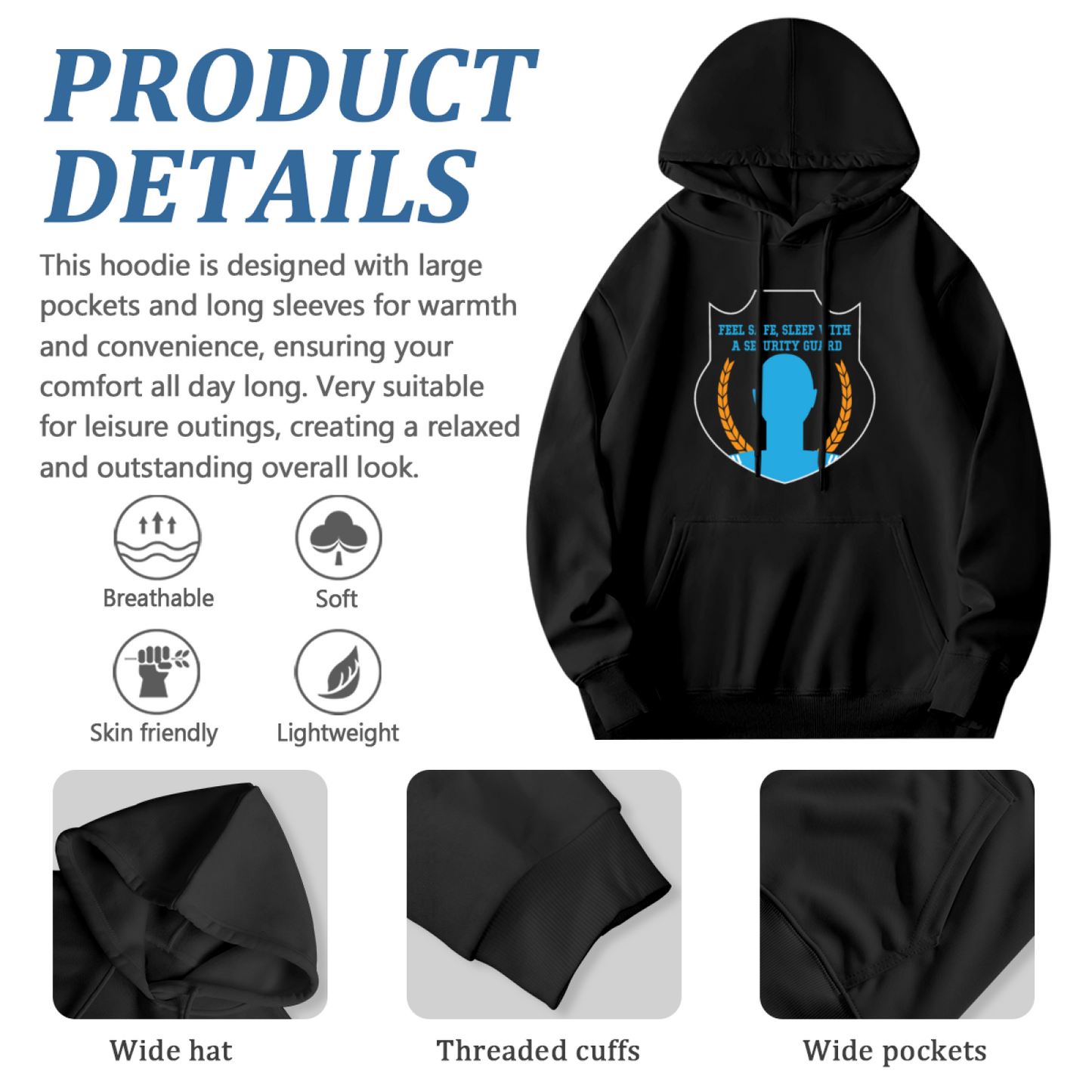 Security Guard Shield Graphic Black Hoodie, Unisex Comfy Outdoor Daily Hoodie