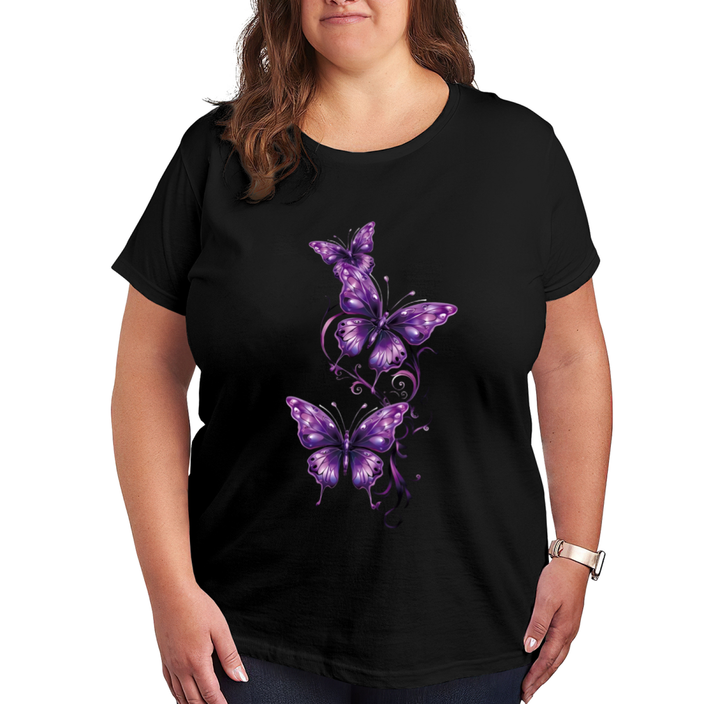 Elegant Purple Glowing Butterflies Dark Background Plus Size Women's Printed T-Shirt