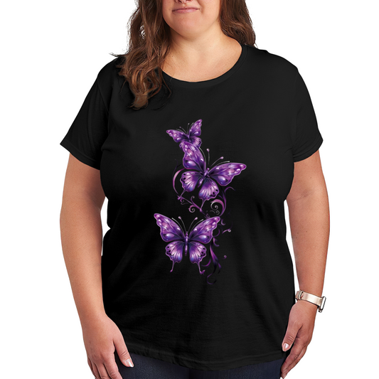 Elegant Purple Glowing Butterflies Dark Background Plus Size Women's Printed T-Shirt