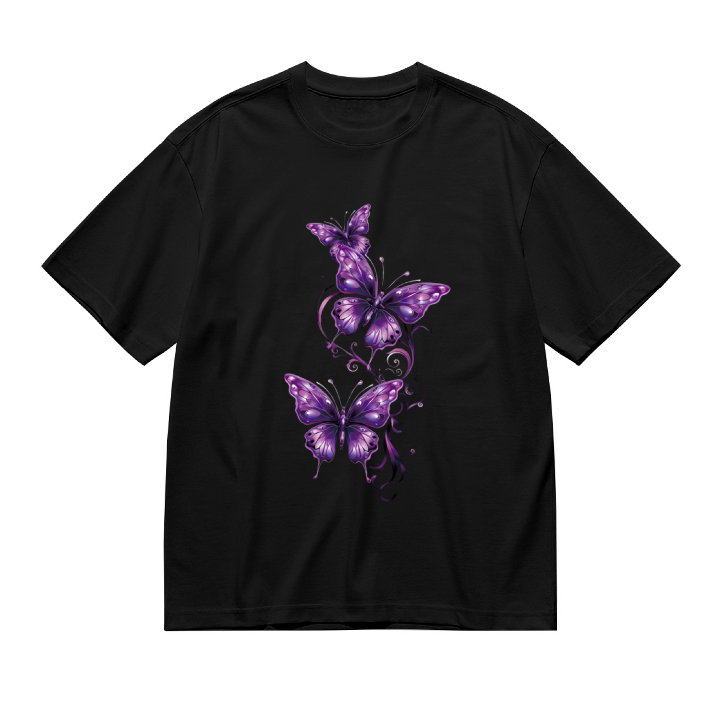 Elegant Purple Glowing Butterflies Dark Background Plus Size Women's Printed T-Shirt