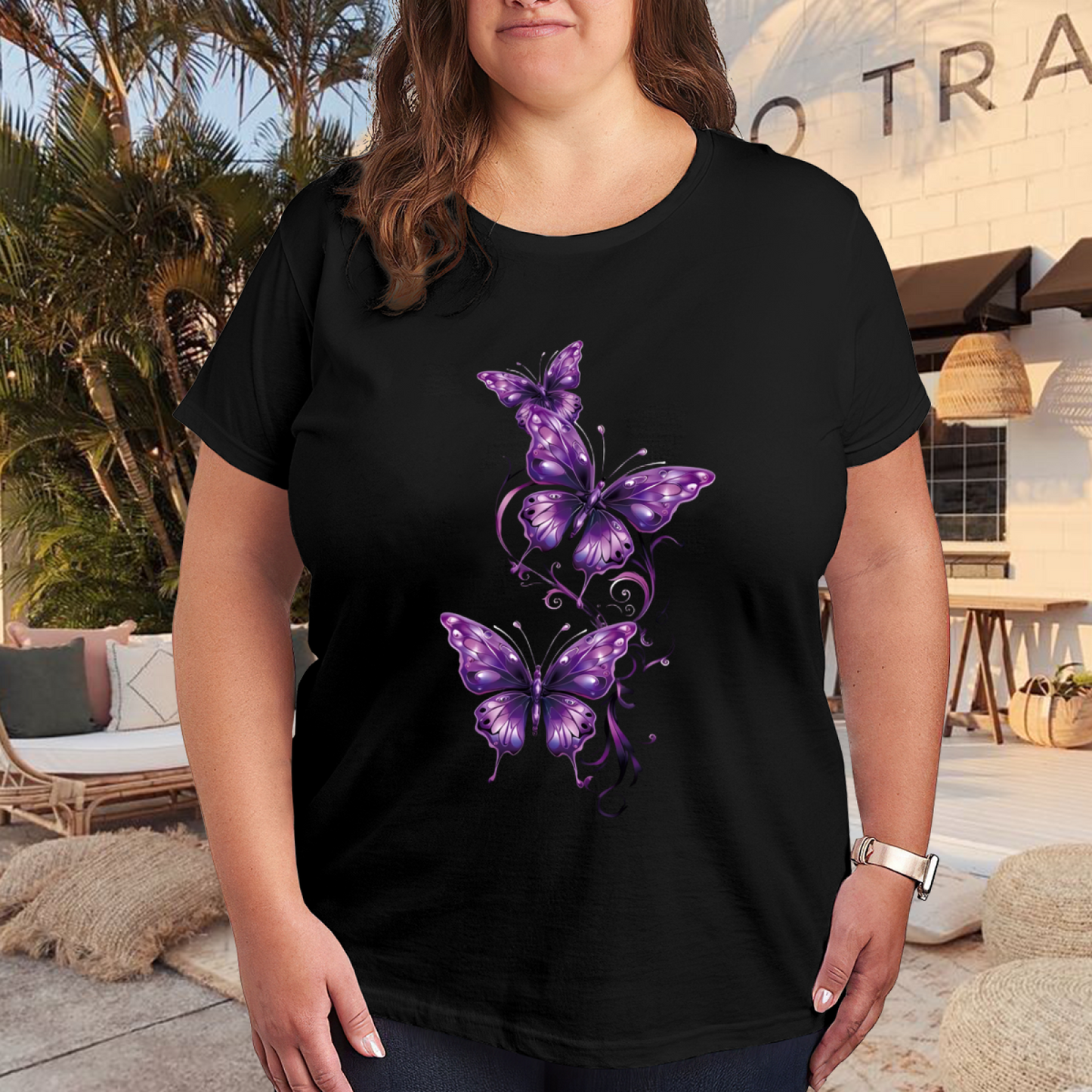 Elegant Purple Glowing Butterflies Dark Background Plus Size Women's Printed T-Shirt