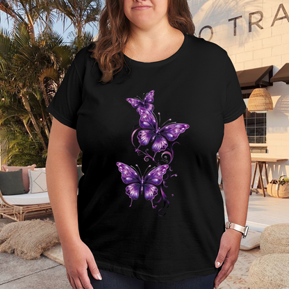 Elegant Purple Glowing Butterflies Dark Background Plus Size Women's Printed T-Shirt