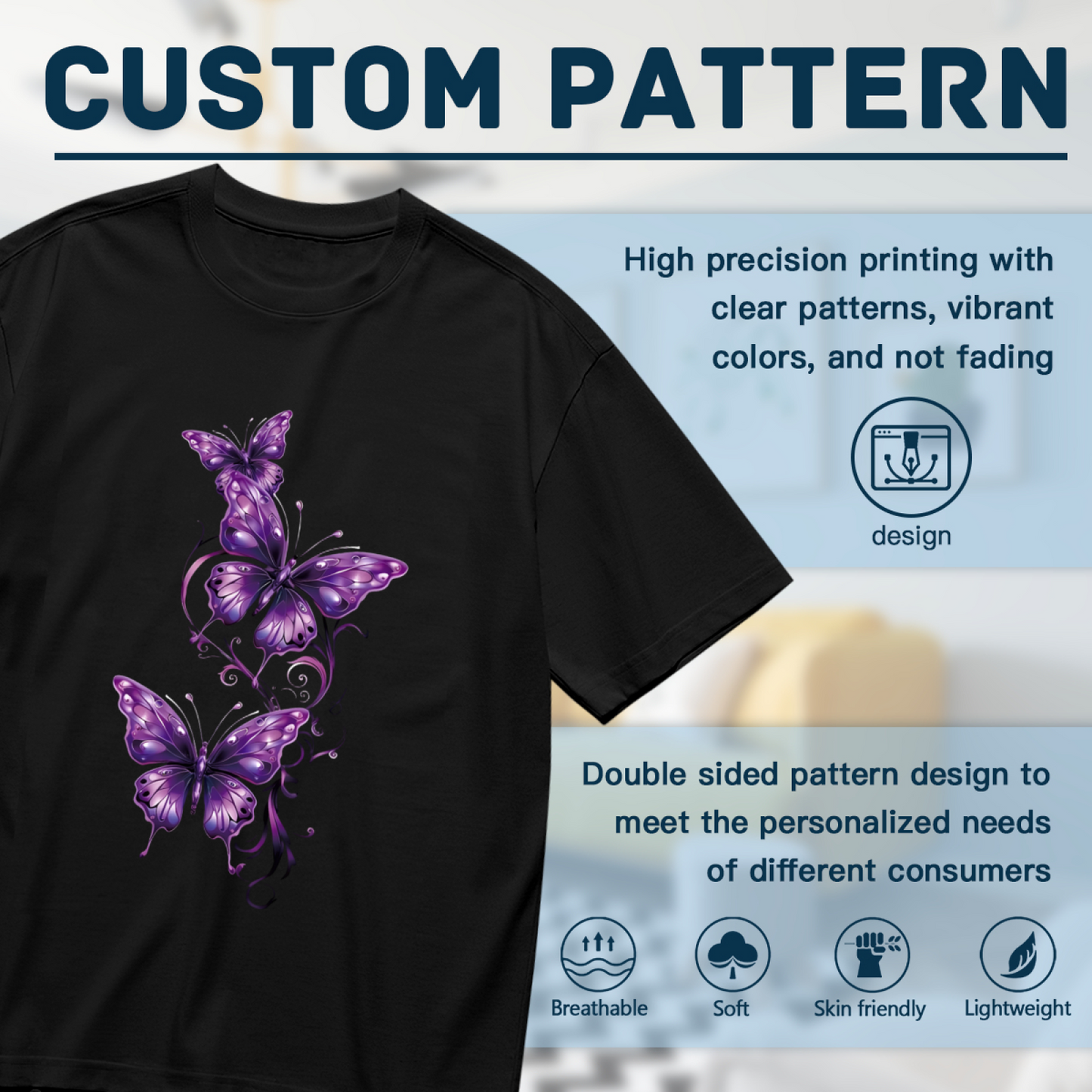 Elegant Purple Glowing Butterflies Dark Background Plus Size Women's Printed T-Shirt