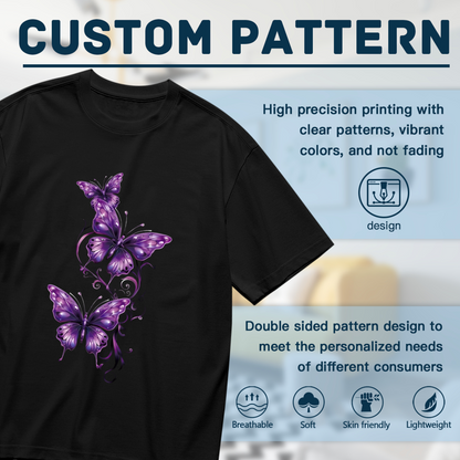 Elegant Purple Glowing Butterflies Dark Background Plus Size Women's Printed T-Shirt