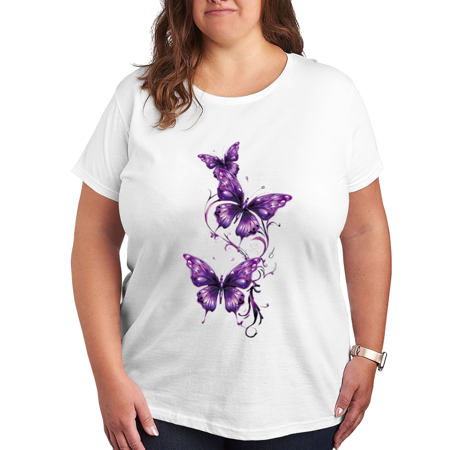 Elegant Purple Glowing Butterflies Dark Background Plus Size Women's Printed T-Shirt