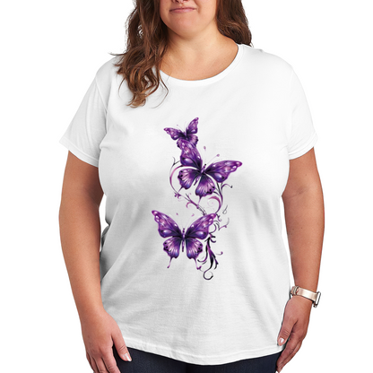 Elegant Purple Glowing Butterflies Dark Background Plus Size Women's Printed T-Shirt