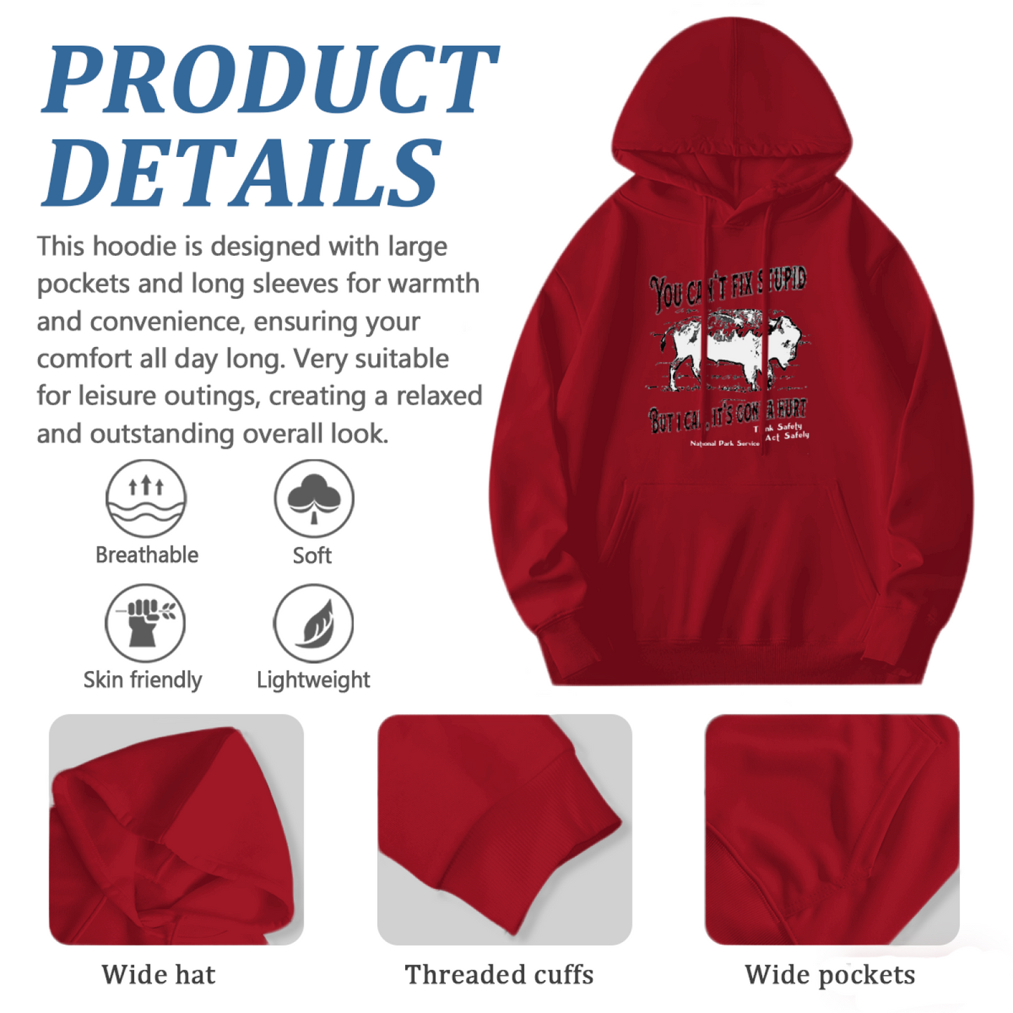 Vintage Buffalo Funny Slogan Cozy Red Hoodie, Casual Statement Top