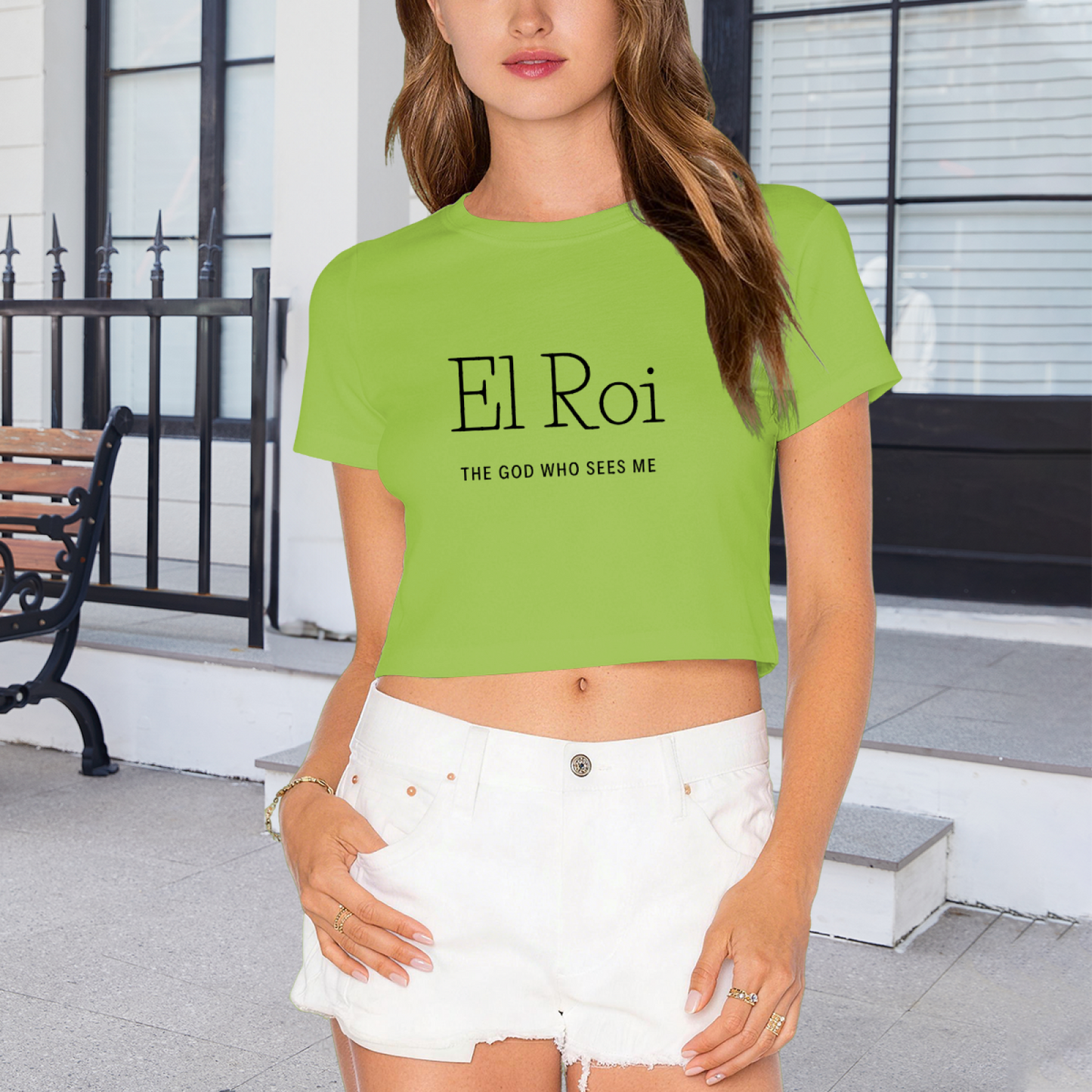 El Roi Faith Quote Lime Green Crop Tee ¨C Minimal Religious Text Graphic Top